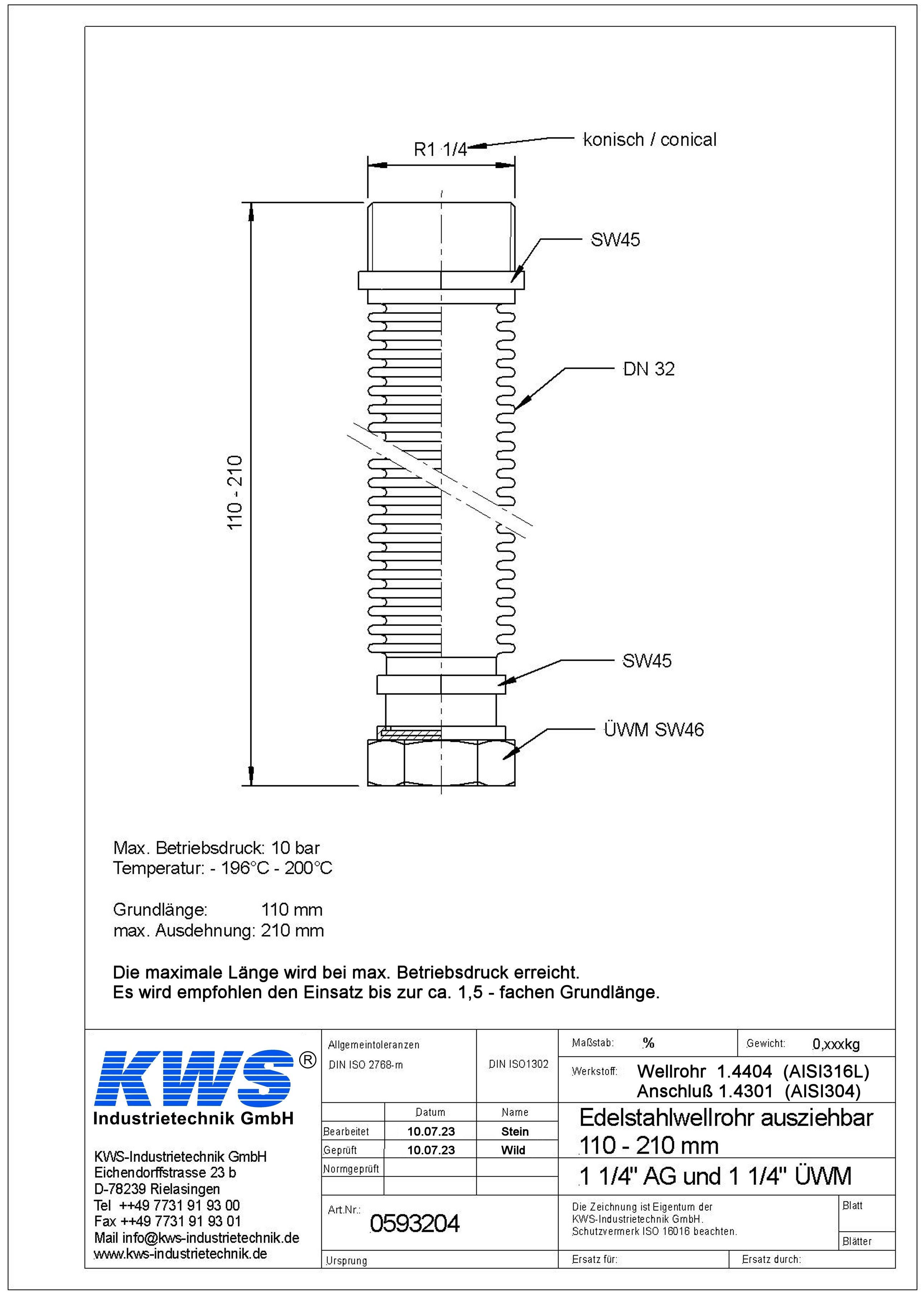 Edelstahlwellrohr 1 1/4" IG/AG – ausziehbar 110–210 mm – Edelstahl AISI 316L – formstabil, flexibel, inkl. Dichtungen – für Heizung, Solar, Industrie