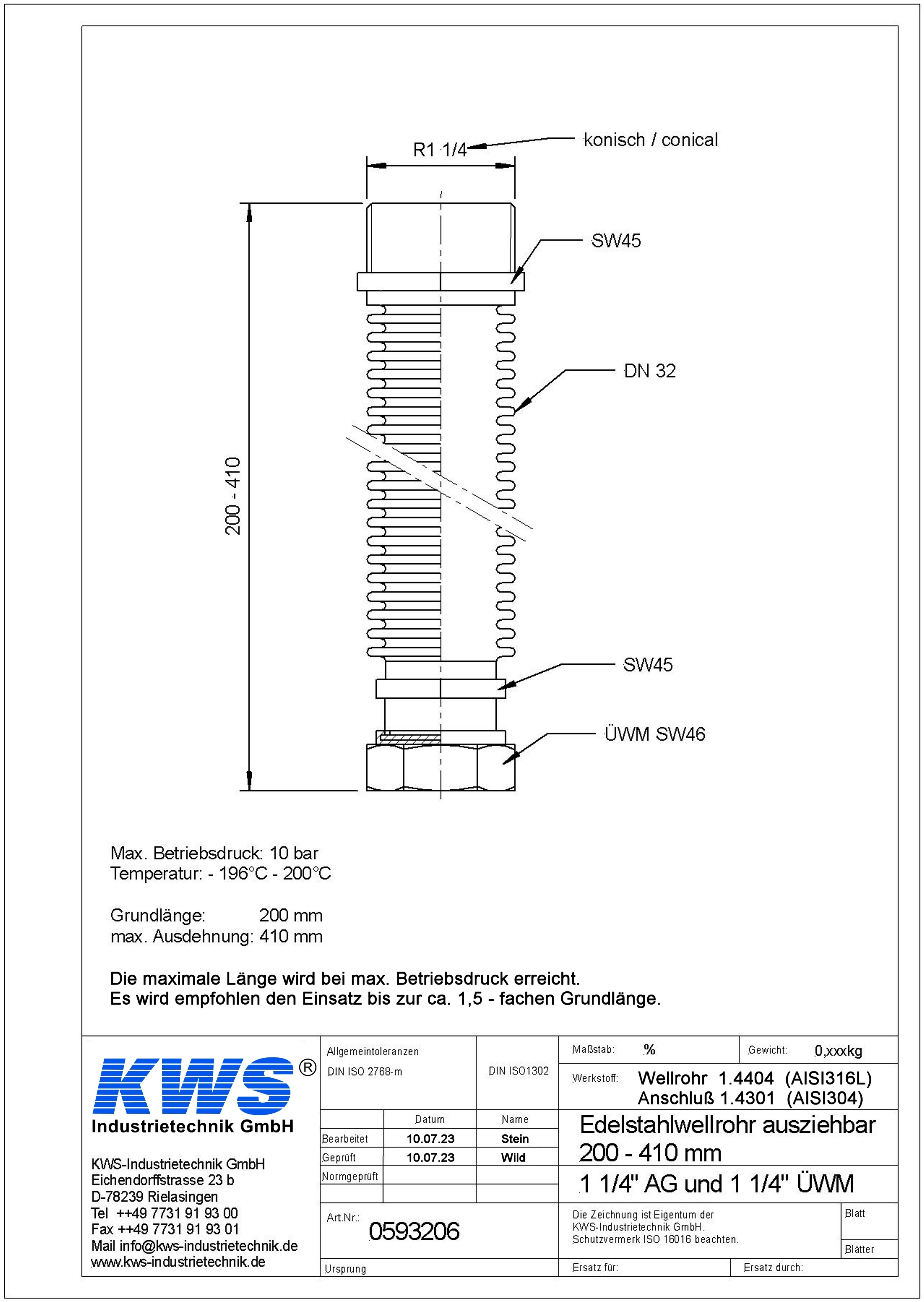 Edelstahlwellrohr 1 1/4" IG/AG – ausziehbar 200–410 mm – Edelstahl AISI 316L – formstabil, flexibel, inkl. Dichtungen – für Heizung, Solar, Industrie