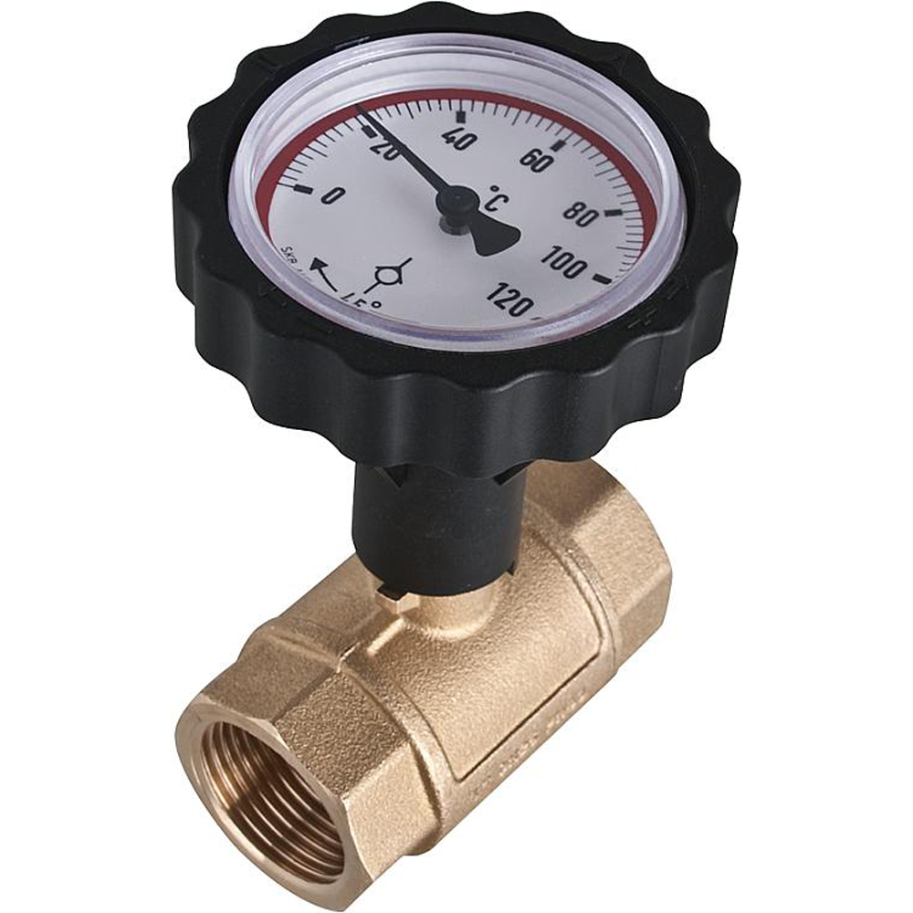 9701864-01 Solarkugelhahn 1" IG mit Schwerkraftbremse Thermometergriff rot