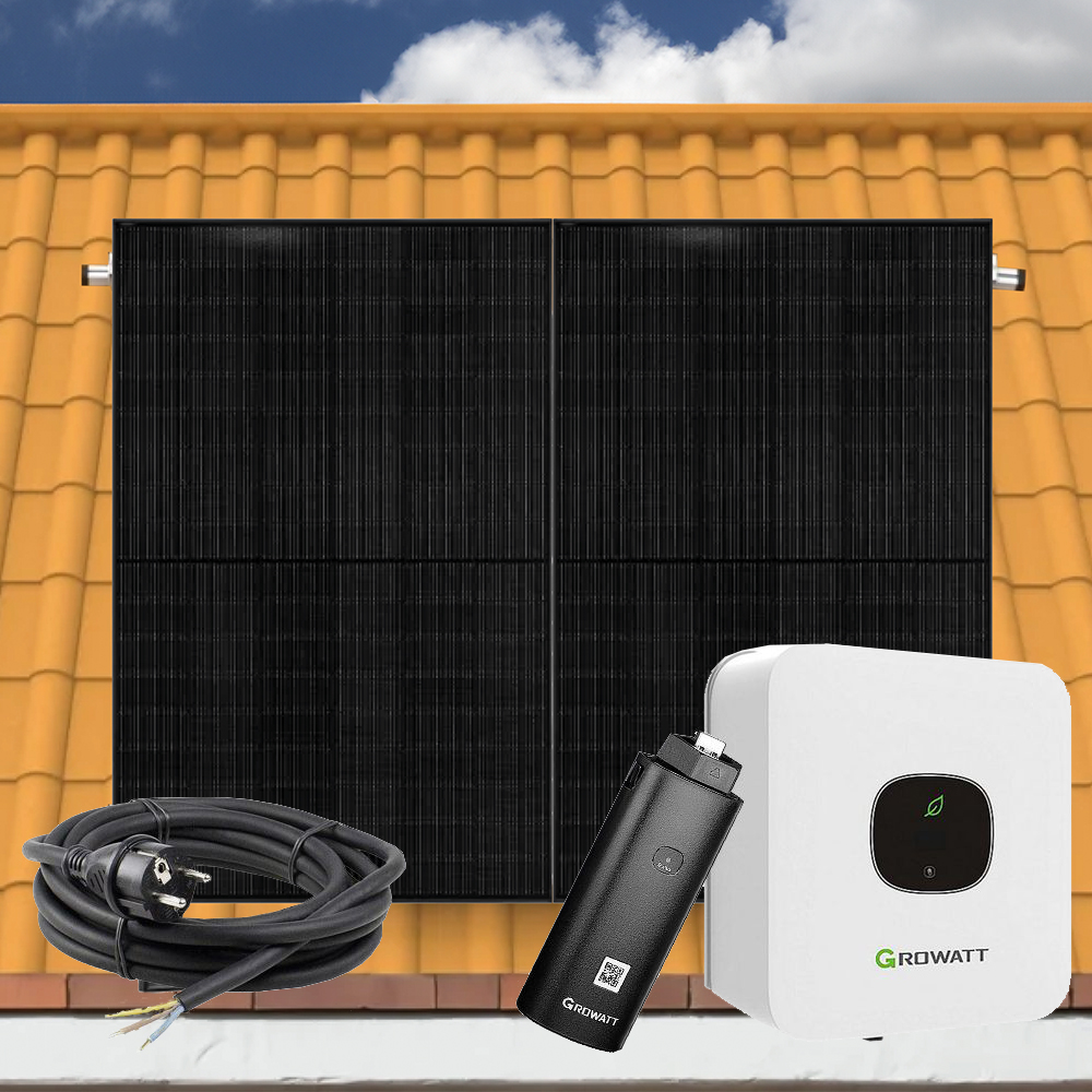 900Wp Balkonkraftwerk 2x450Wp Jolywood Fullblack + Growatt MIC TL-X 800W Wechselrichter + Solarhalterung für Schrägdach