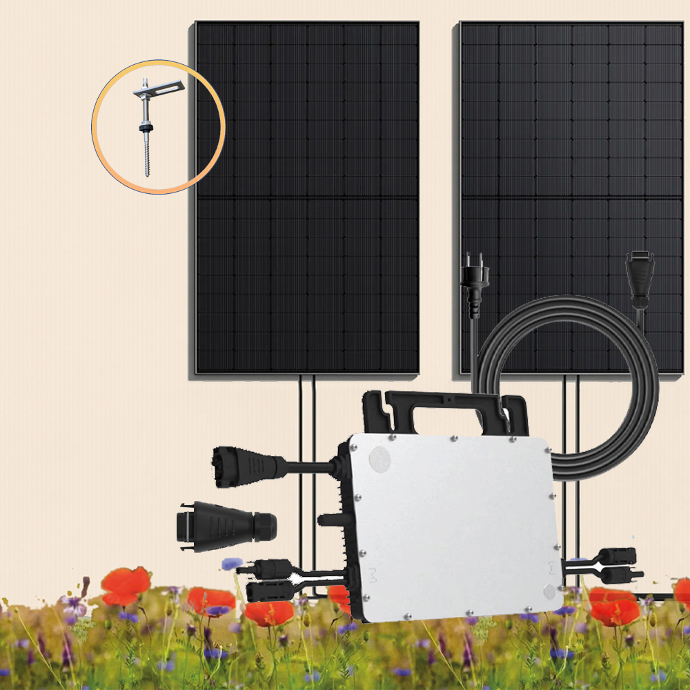 900Wp Balkonkraftwerk 2x450Wp Jolywood Fullblack + Hoymiles HMS-800W-2T Wechselrichter + Solarhalterung für Fassade oder Schrägdach