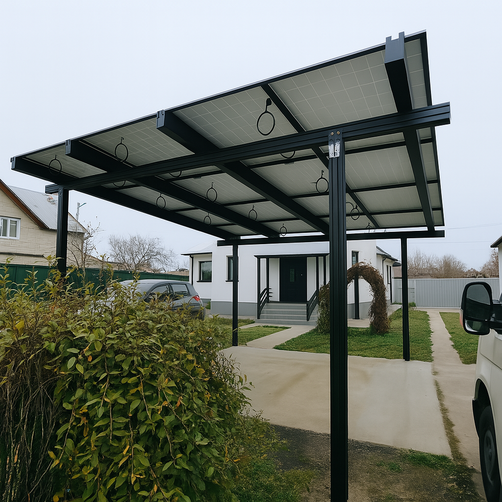 Solarcarport für 2 Fahrzeuge inkl. 15x Jolywood 450Wp Bifazial Transparent Black Module – Aluminium schwarz, modular erweiterbar