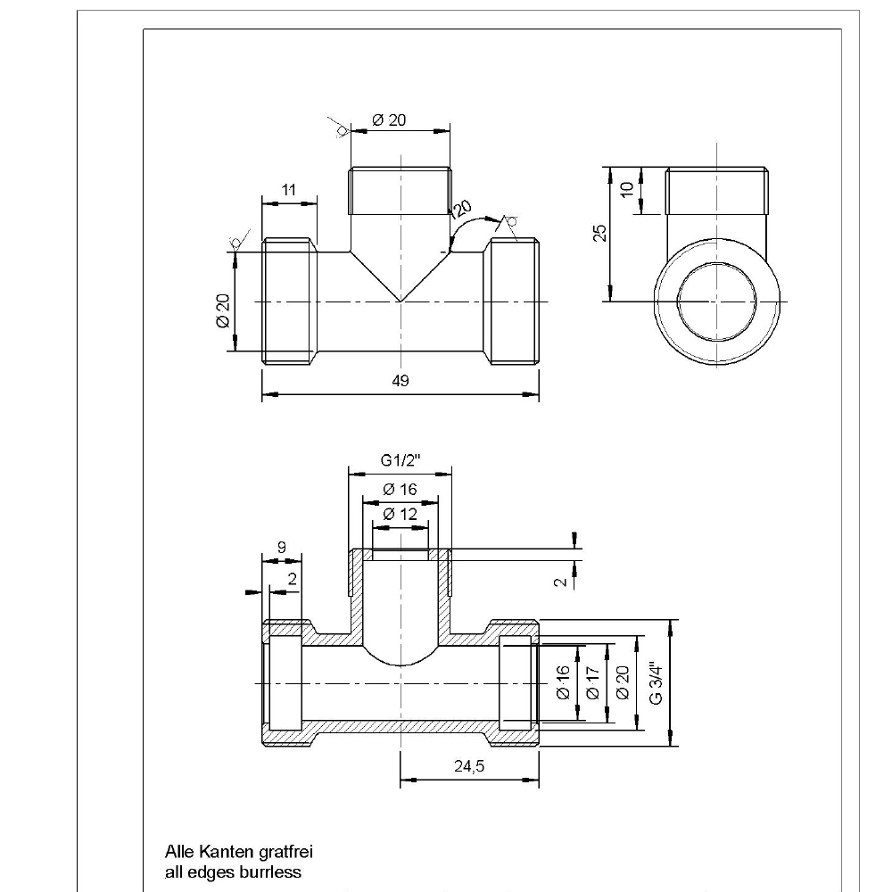 Reduziertes T-Stück flachdichtend 3/4" x 1/2" x 3/4" aus Messing, Ideal für Heizung und Solar, Außengewinde mit breiter Dichtfläche, für Edelstahlwellrohre und Solarleitungen