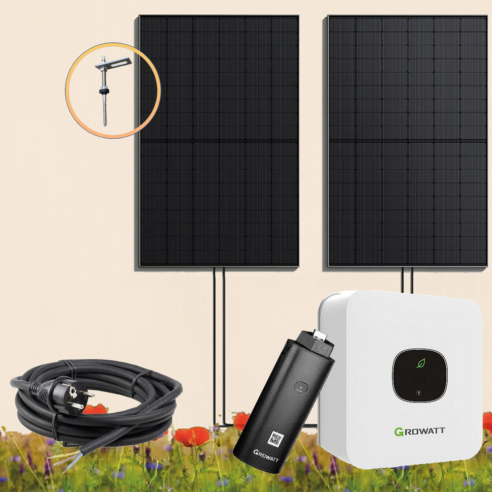 900Wp Balkonkraftwerk 2x450Wp Jolywood Fullblack + Growatt MIC TL-X 800W Wechselrichter + Solarhalterung für Fassade oder Schrägdach