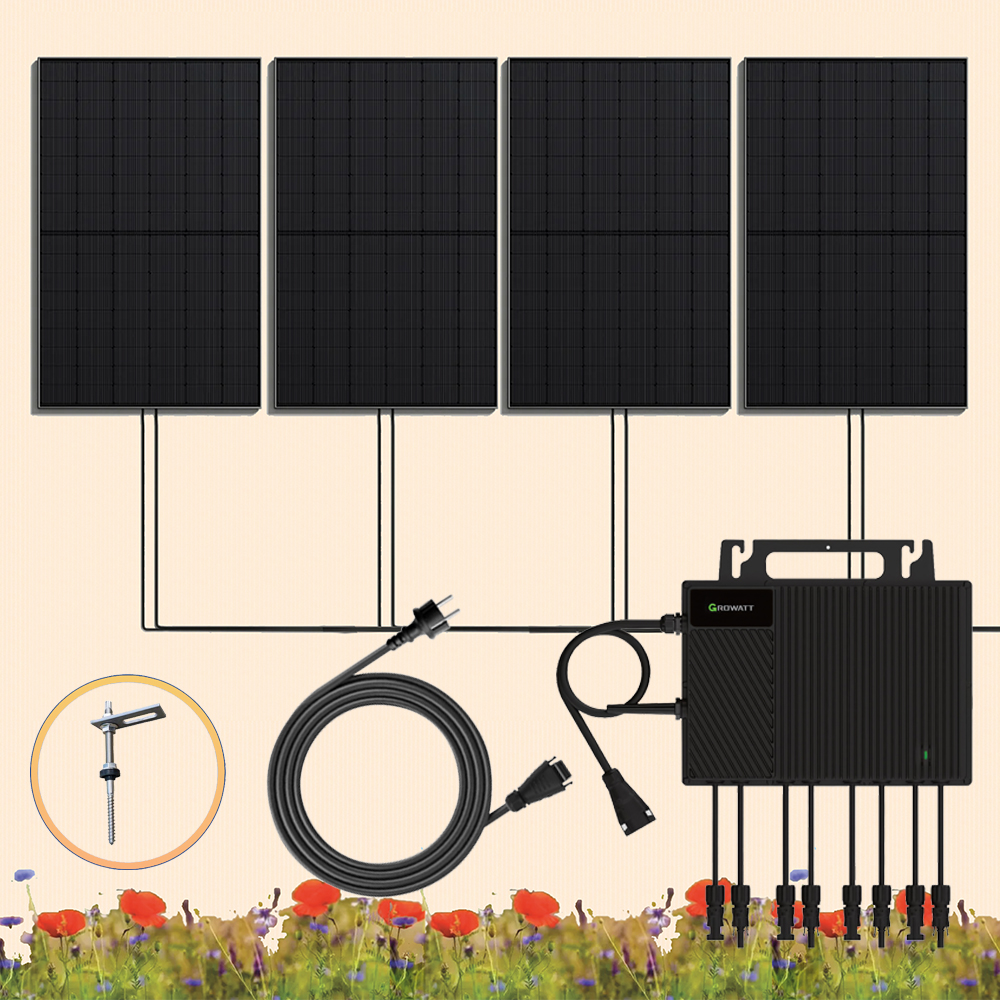 1800Wp Balkonkraftwerk 4x450Wp Jolywood Fullblack + Growatt NEO 1600M-X2 (drosselbar auf 800W) Wechselrichter + Solarhalterung für Fassade oder Schrägdach