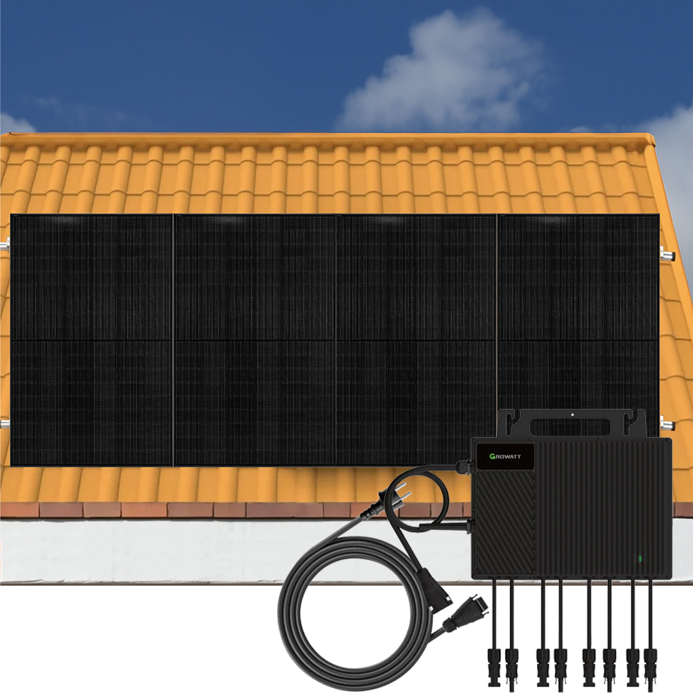 1800Wp Balkonkraftwerk 4x450Wp Jolywood Fullblack + Growatt NEO 1600M-X2 (drosselbar auf 800W) Wechselrichter + Solarhalterung für Schrägdach