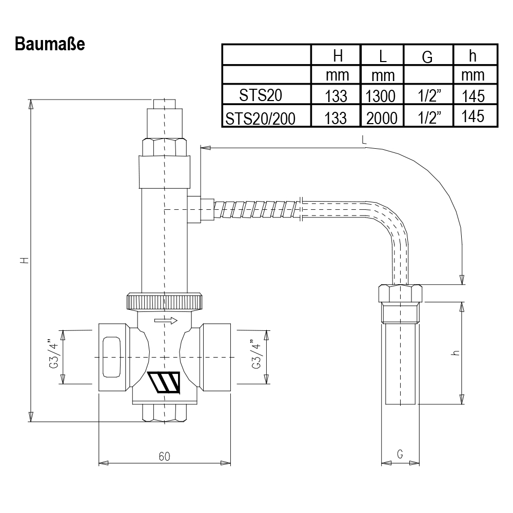 3/4" Thermische Ablaufsicherung STS20 Kapillarrohr 130 cm Sicherheitsventil Kessel
