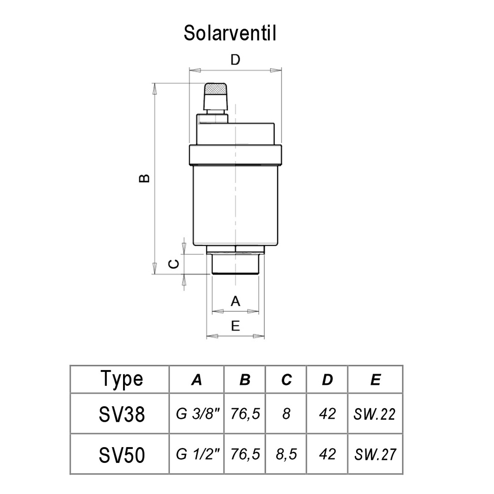 SC38-SV50-Detail Solar-Schnellentlüfter aus Messing CW617N – automatische Entlüftung für Solaranlagen – für Wasser-Glykol-Gemische bis 180 °C, 10 bar – Anschluss 3/8 Zoll