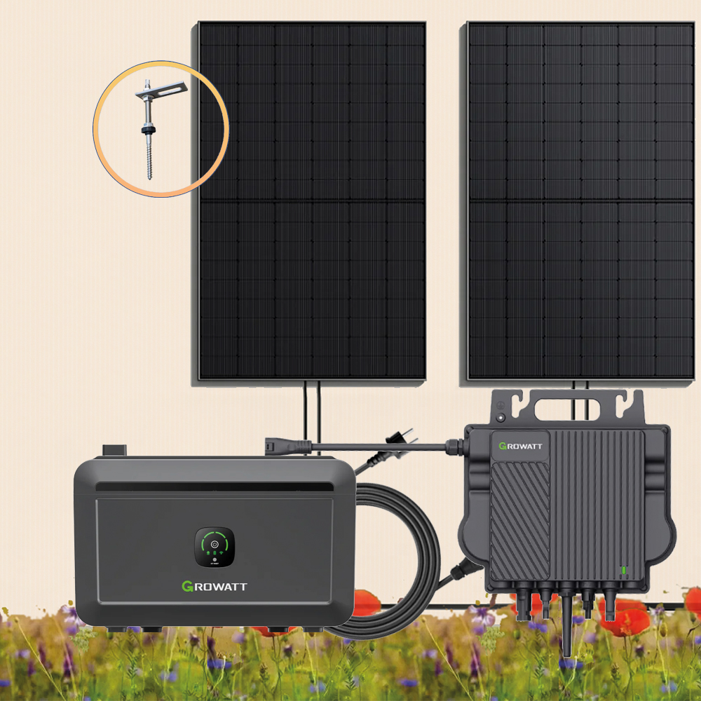 900Wp Balkonkraftwerk 2x450Wp Jolywood Fullblack + Growatt NEO 800M-X Wechselrichter + Growatt NOAH 2000 Balkonspeicher + Solarhalterung für Fassade oder Schrägdach