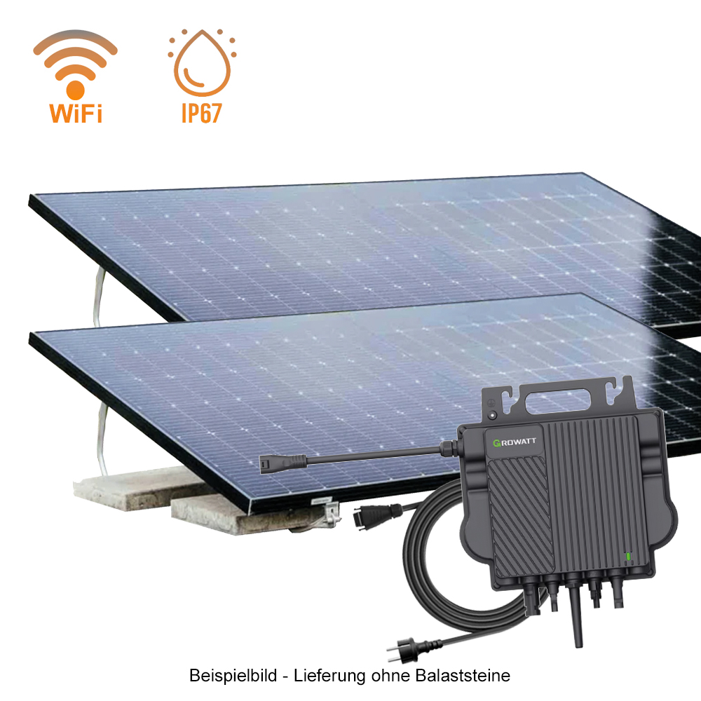 900Wp Balkonkraftwerk 2x450Wp Jolywood Fullblack + Growatt NEO 800M-X Wechselrichter + Flachdach Ballast Montageset 10° 900Wp Balkonkraftwerk 2x450Wp Jolywood Fullblack + Growatt NEO 800M-X Wechselrichter + Flachdach Ballast Montageset 10°