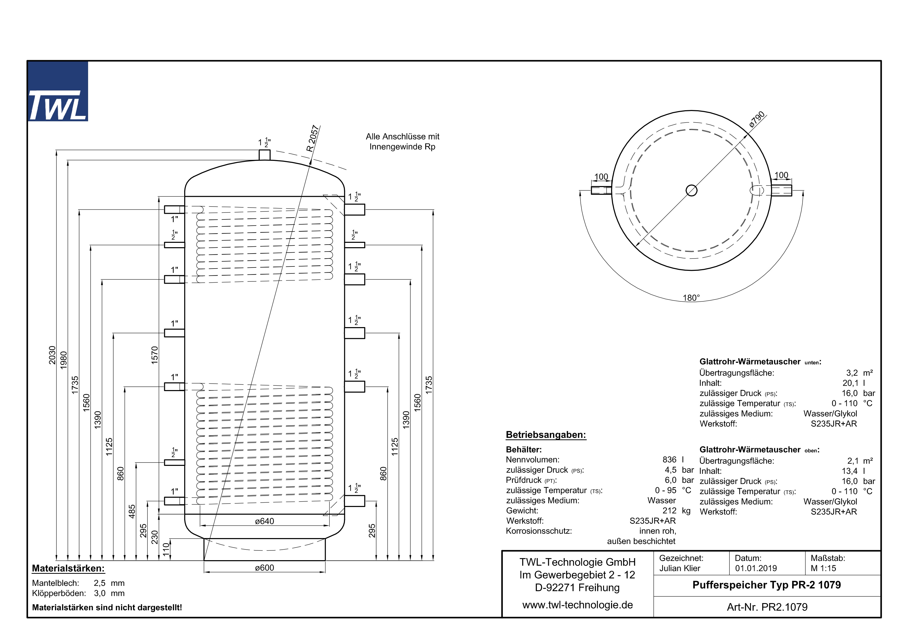 PR2-1079-datenblatt TWL Pufferspeicher PR2 1000 Liter - ÖkoLine-C Isolierung - Ø 79cm