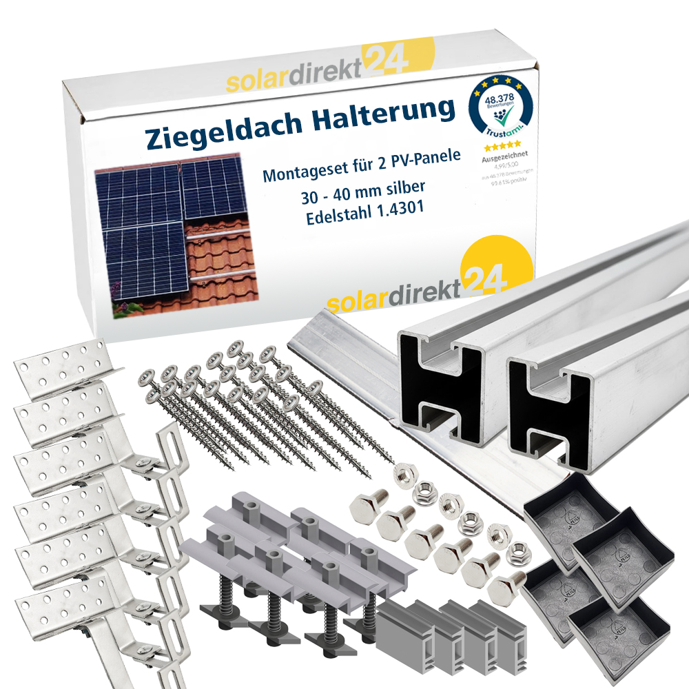 Solar Halterung Ziegeldach I Set für 2 PV Module 30-40mm I Solarmodul Halterung Balkonkraftwerk I Solarmodulbefestigungsset für Ziegeldächer