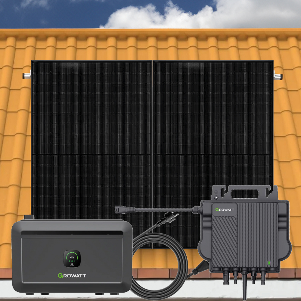 900Wp Balkonkraftwerk 2x450Wp Jolywood Fullblack + Growatt NEO 800M-X Wechselrichter + Growatt NOAH 2000 Balkonspeicher + Solarhalterung für Schrägdach