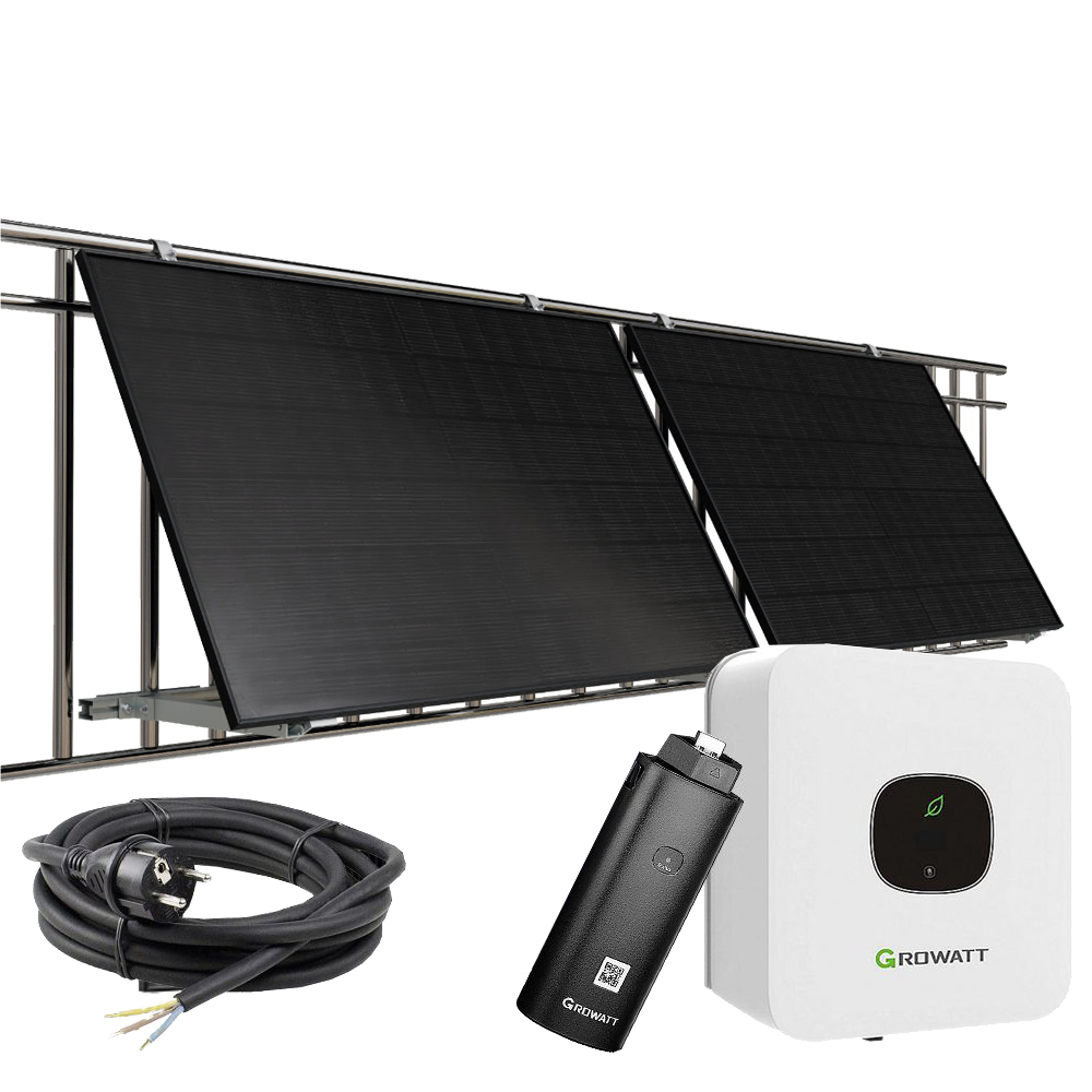 900Wp Balkonkraftwerk 2x450Wp Jolywood Fullblack + Growatt MIC TL-X 800W Wechselrichter + Balkonhalterung für runde Geländer (bis 30° neigbar)