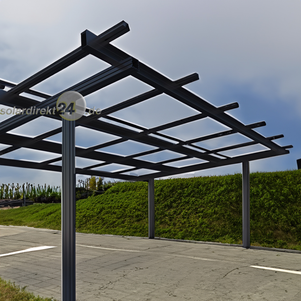 Solarcarport für 2 Fahrzeuge inkl. 15x Jolywood 450Wp Bifazial Transparent Black Module – Aluminium schwarz, modular erweiterbar