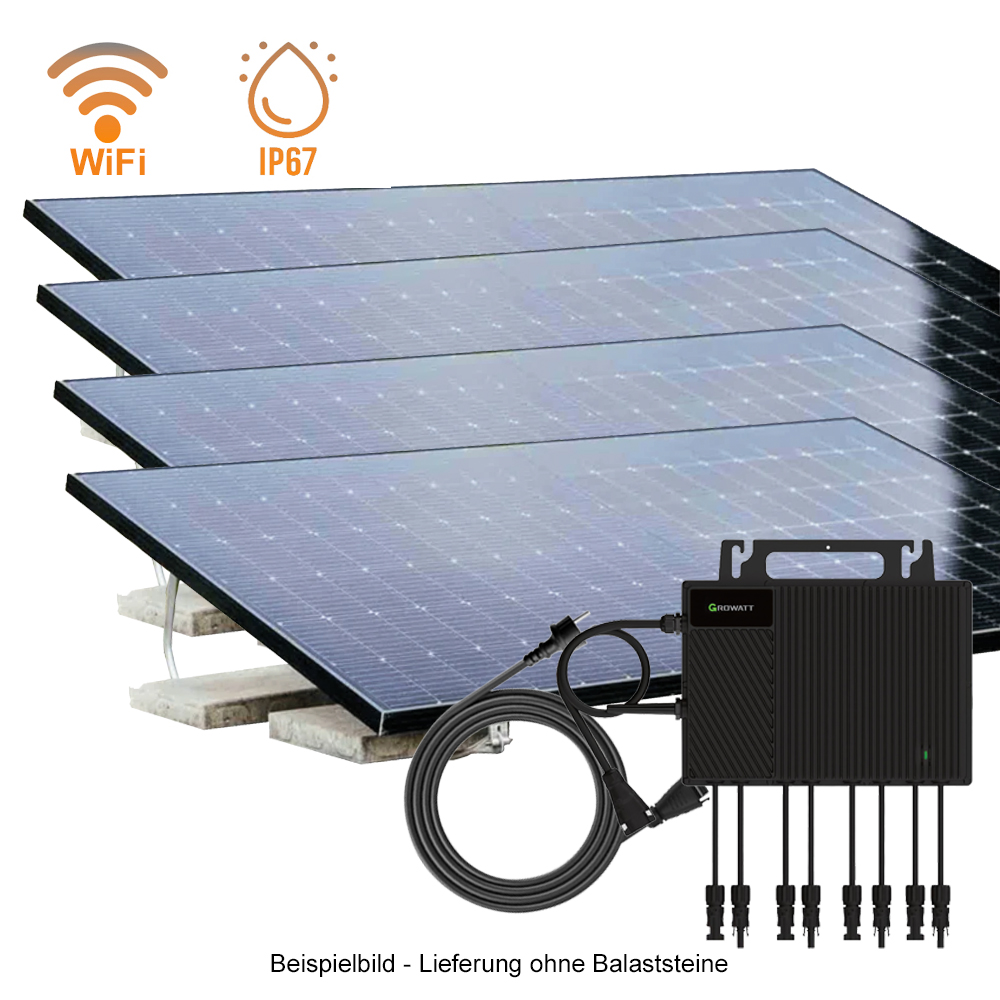 1800Wp Balkonkraftwerk 4x450Wp Jolywood Fullblack + Growatt NEO 1600M-X2 (drosselbar auf 800W) Wechselrichter + ValkBox 3 (17° Flachdachmontage)