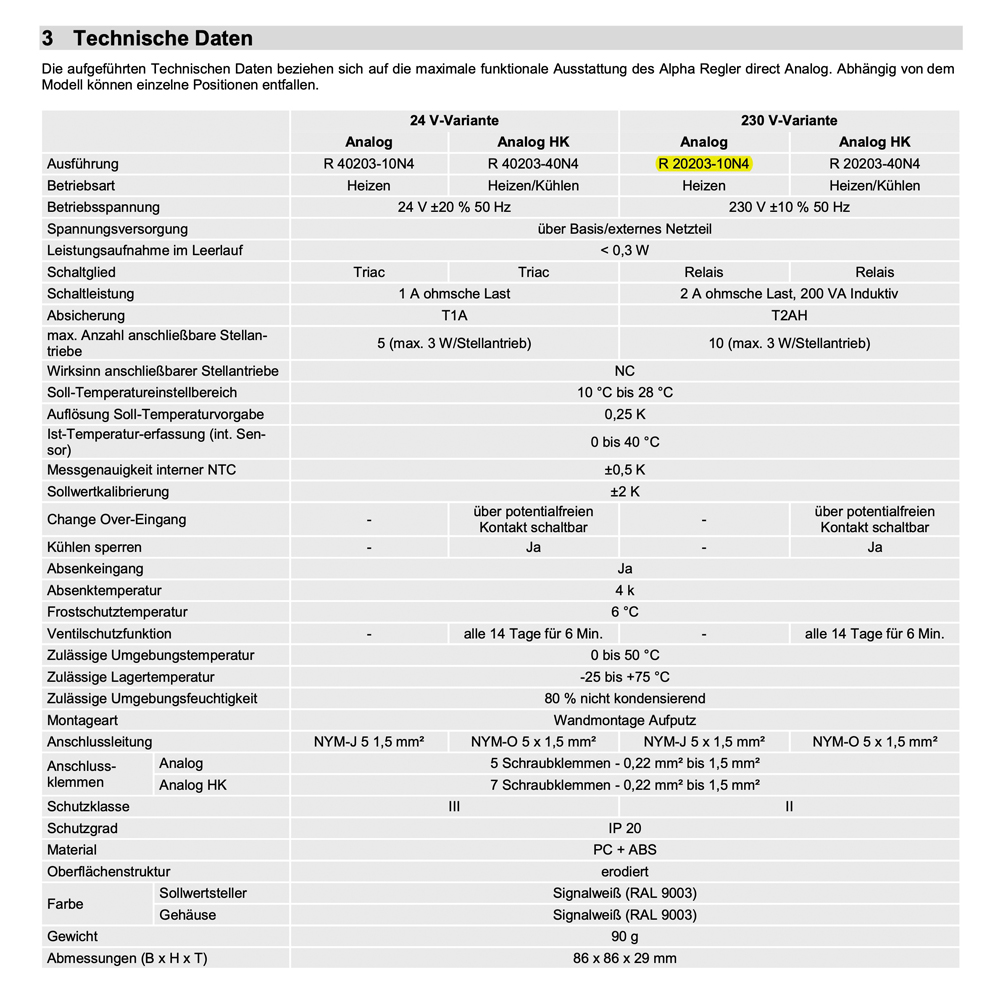 111173201-02 Alpha direct Analog HK 230V Raumtemperaturregler Raumthermostat Kühlen & Heizen