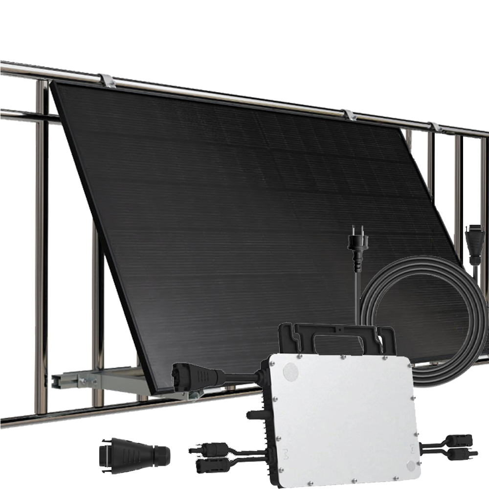 450 Wp Balkonkraftwerk Komplettset – Jolywood Fullblack + Hoymiles HMS-400W-1T + Balkonhalterung für rundes Geländer (bis 30° neigbar)