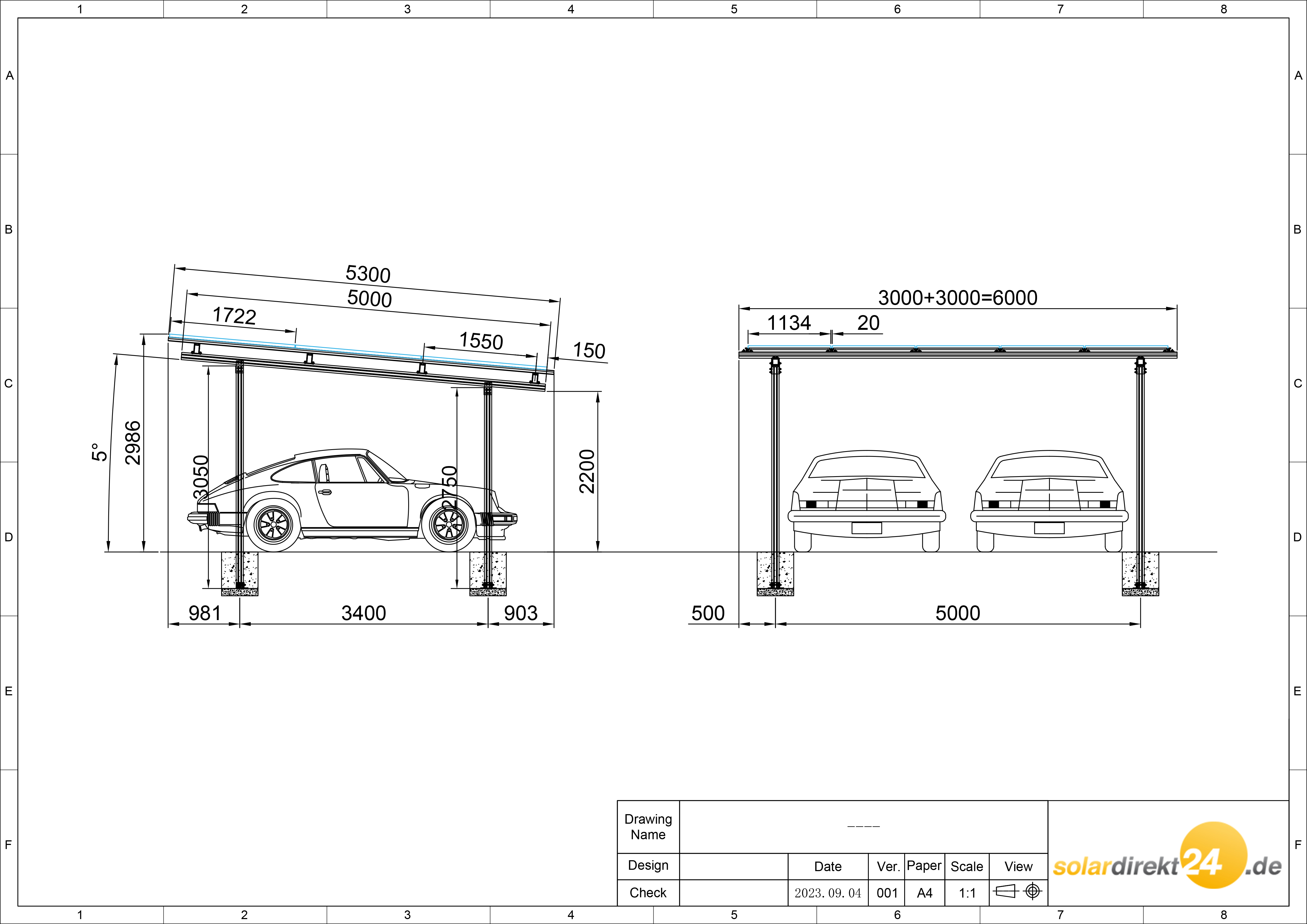Solarcarport für 2 Fahrzeuge inkl. 15x Jolywood 450Wp Bifazial Transparent Black Module – Aluminium schwarz, modular erweiterbar